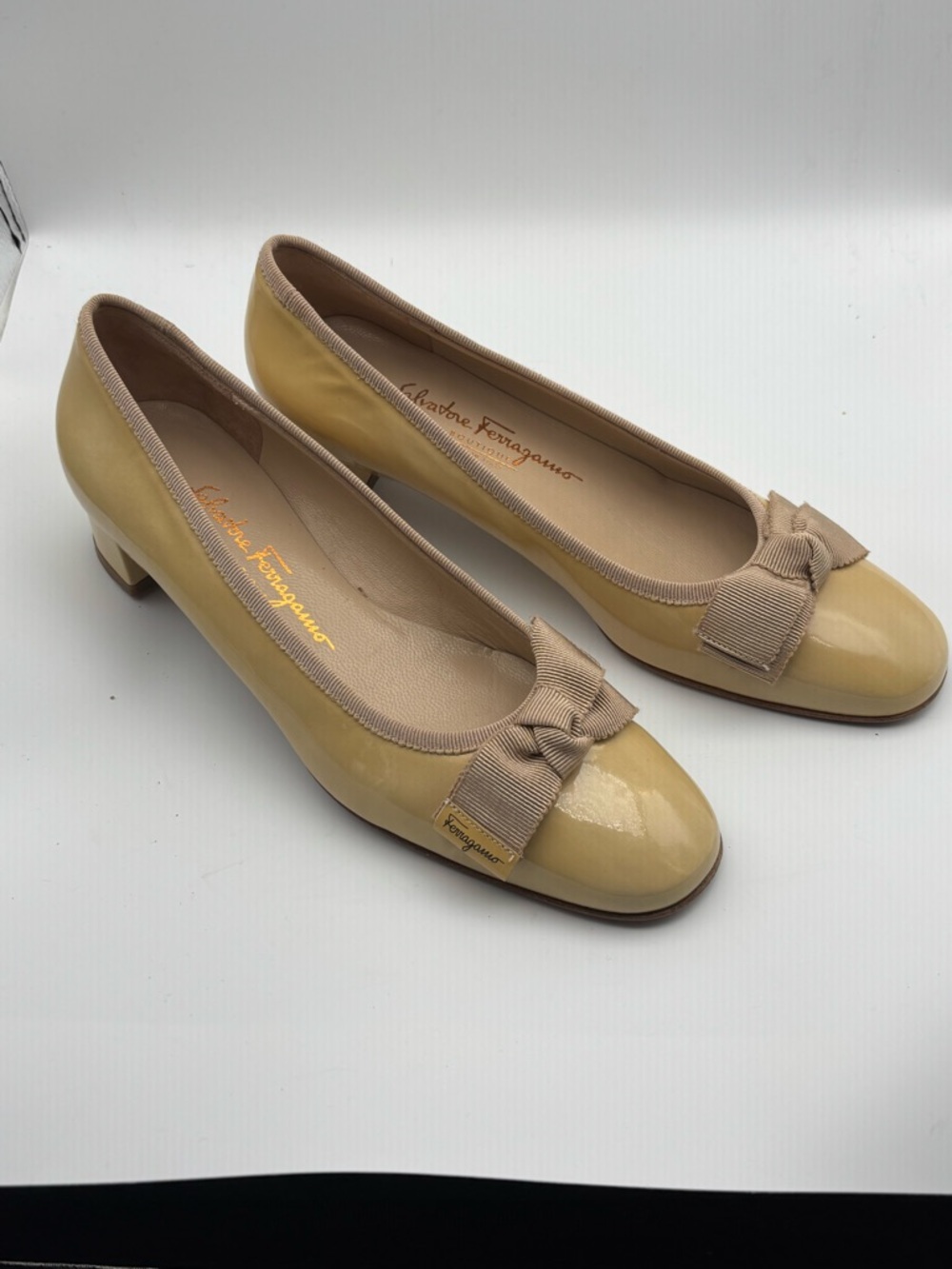 Salvatore Ferragamo Yellow Patent Leather Bow Pumps
